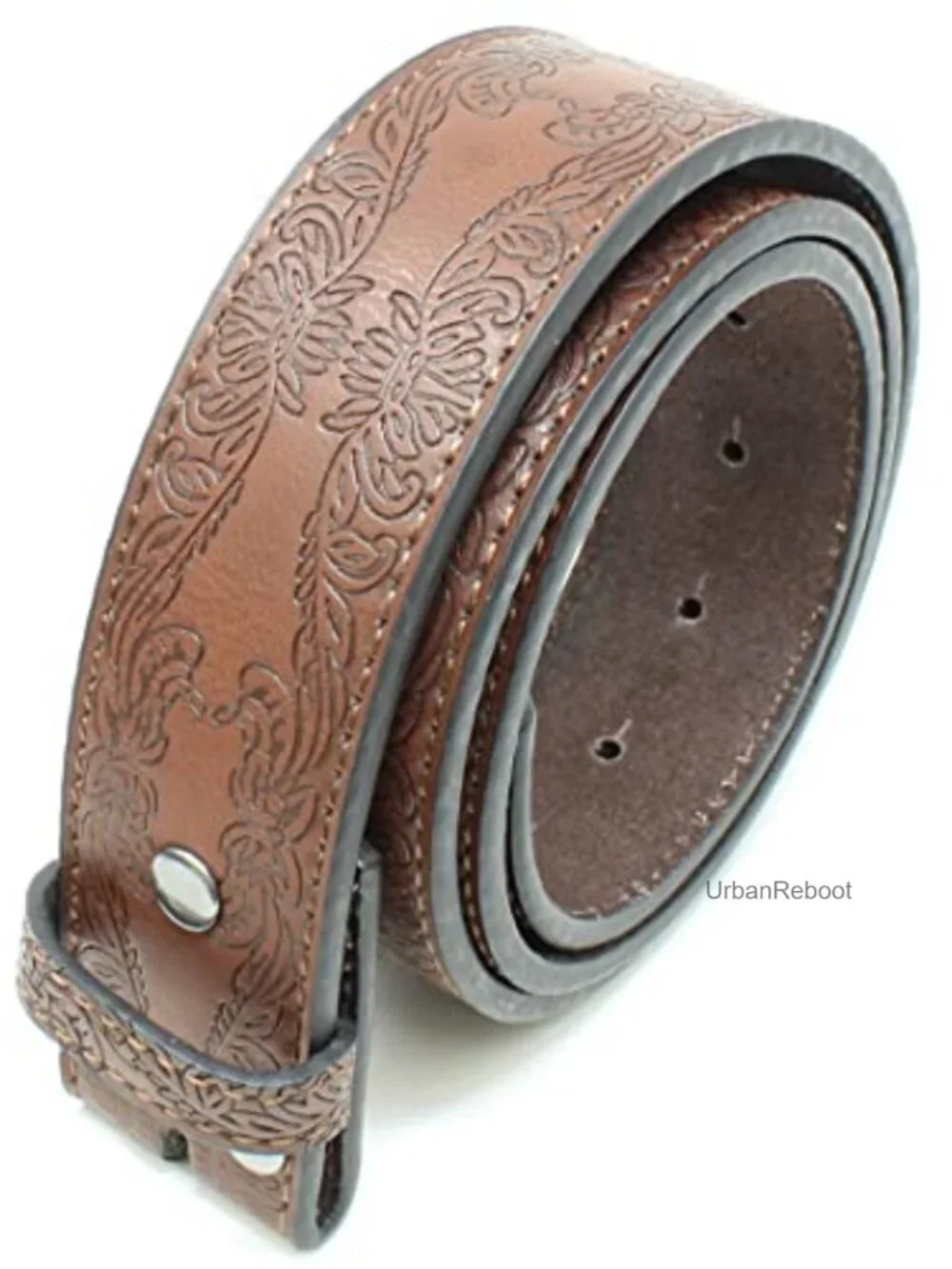 Western Tooled Floral Leather Belt Strap with Snaps 1.5